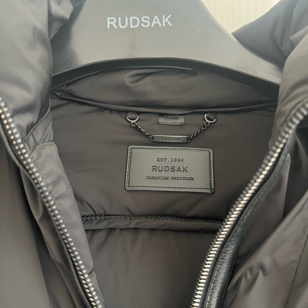 RUDSAK Black Puffer Coat with Fur Trim and Leather Belted Waist - Picture 3 of 4